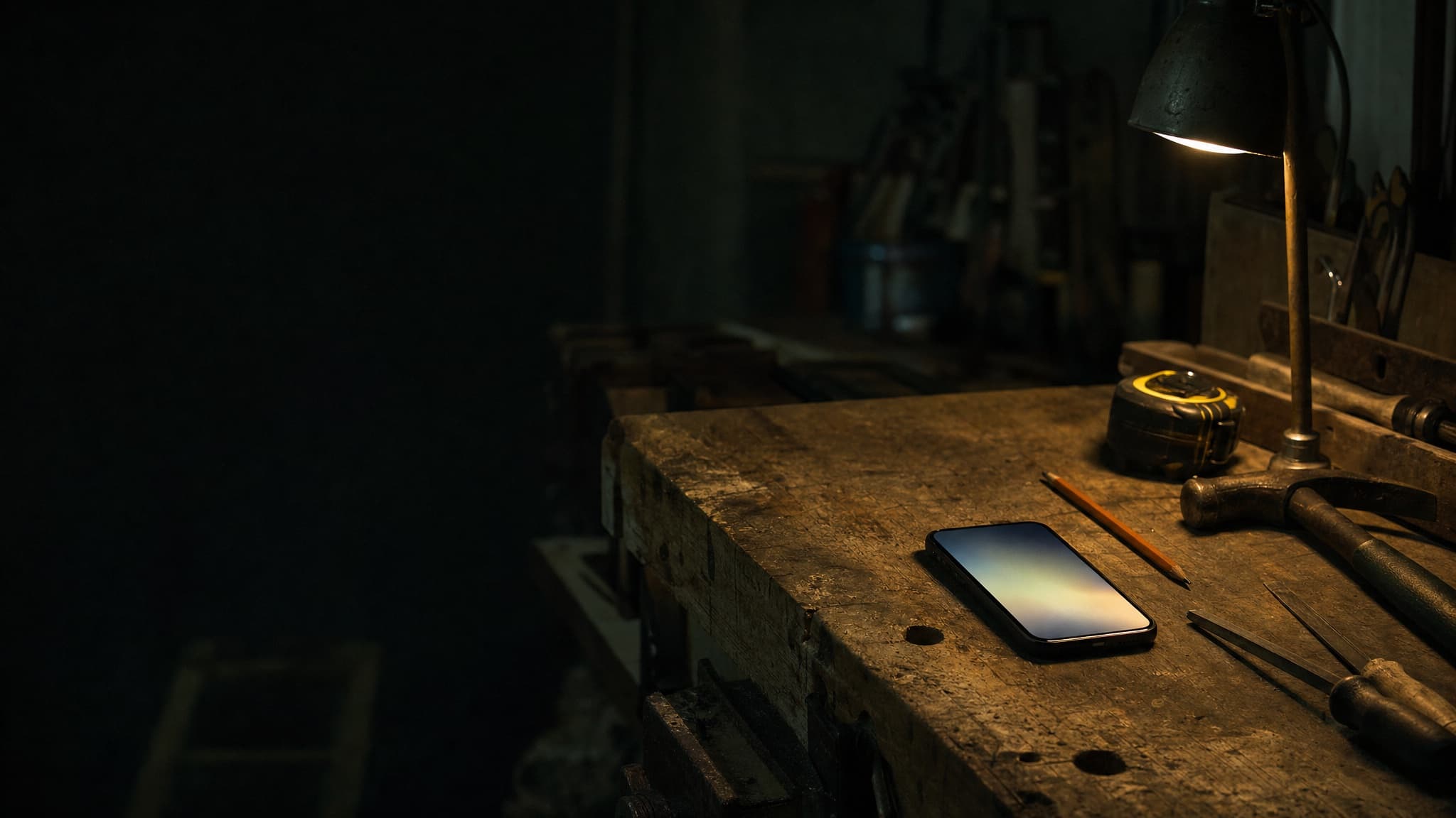 A phone lights up on a workbench in a dark workshop.