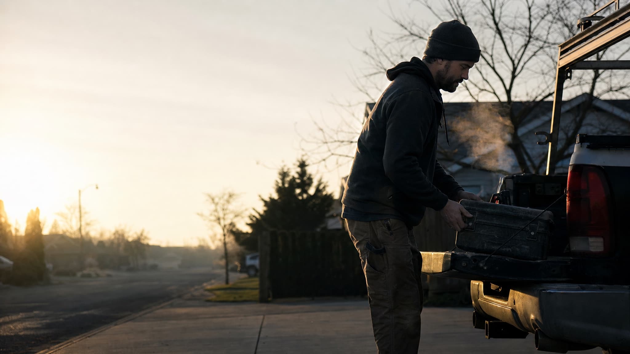 A tradesman loads his toolbox into his truck at sunrise.